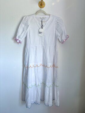 English Factory White Scallop Trim Midi Dress 🤍🌈| Tiered Puff Sleeve (L) NWT